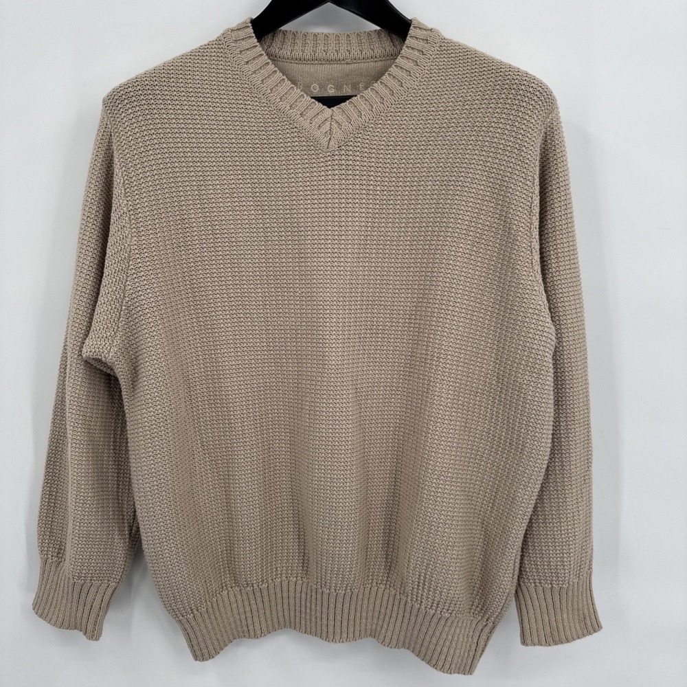 Bogner V-neck Sweater Women Size 12 Cotton Blend Beige Chunky Minimalist